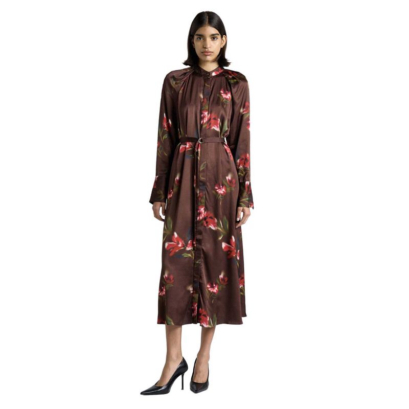 Cue Blurred Floral Satin Belted Midi Dress image number 0